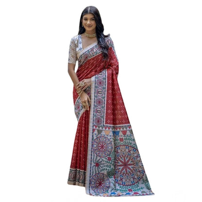 Generic Women's Faux_Tussar Geometric_Print Saree With Unstitched Blouse 5.5Mtr (Red)
