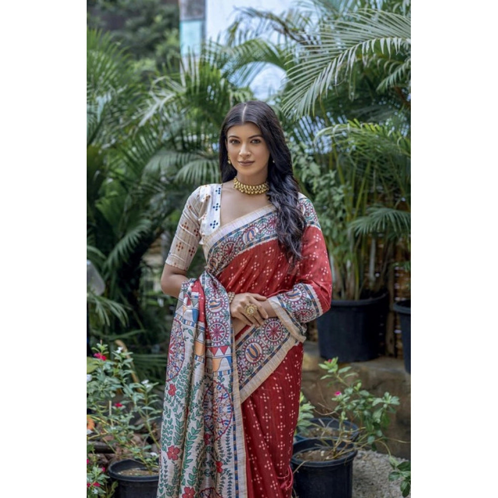 Generic Women's Faux_Tussar Geometric_Print Saree With Unstitched Blouse 5.5Mtr (Red)