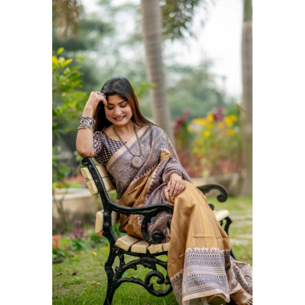 Generic Women's Faux_Tussar Geometric_Print Saree With Unstitched Blouse 5.5Mtr (Mustard)