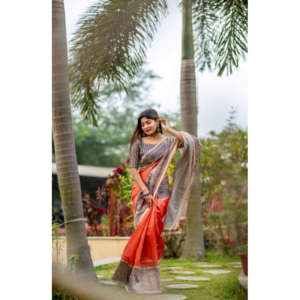 Generic Women's Faux_Tussar Geometric_Print Saree With Unstitched Blouse 5.5Mtr (Orange)
