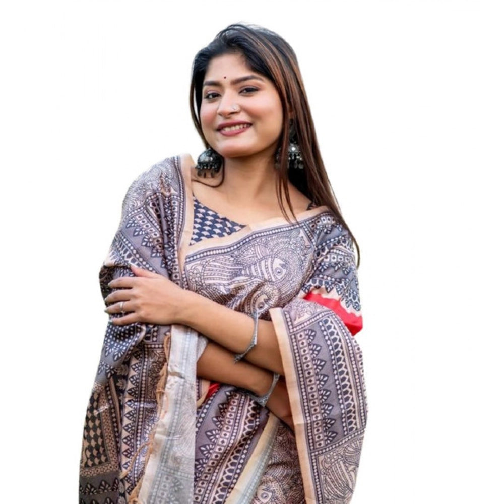 Generic Women's Faux_Tussar Geometric_Print Saree With Unstitched Blouse 5.5Mtr (Orange)