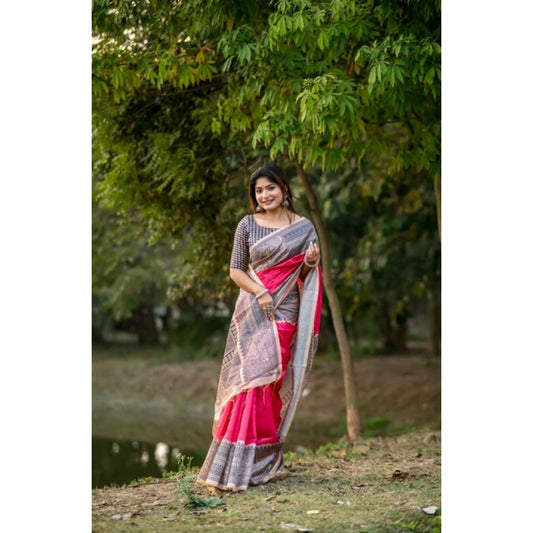 Generic Women's Faux_Tussar Geometric_Print Saree With Unstitched Blouse 5.5Mtr (Pink)
