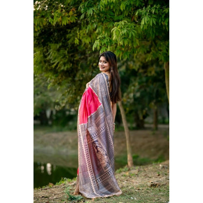 Generic Women's Faux_Tussar Geometric_Print Saree With Unstitched Blouse 5.5Mtr (Pink)