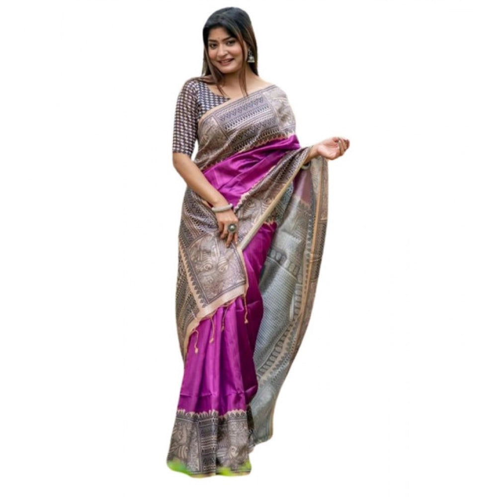 Generic Women's Faux_Tussar Geometric_Print Saree With Unstitched Blouse 5.5Mtr (Purple)