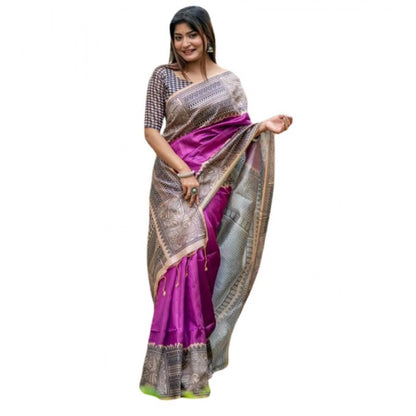 Generic Women's Faux_Tussar Geometric_Print Saree With Unstitched Blouse 5.5Mtr (Purple)