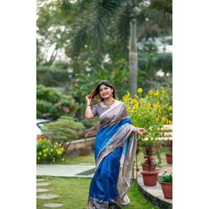 Generic Women's Faux_Tussar Geometric_Print Saree With Unstitched Blouse 5.5Mtr (Royal_Blue)