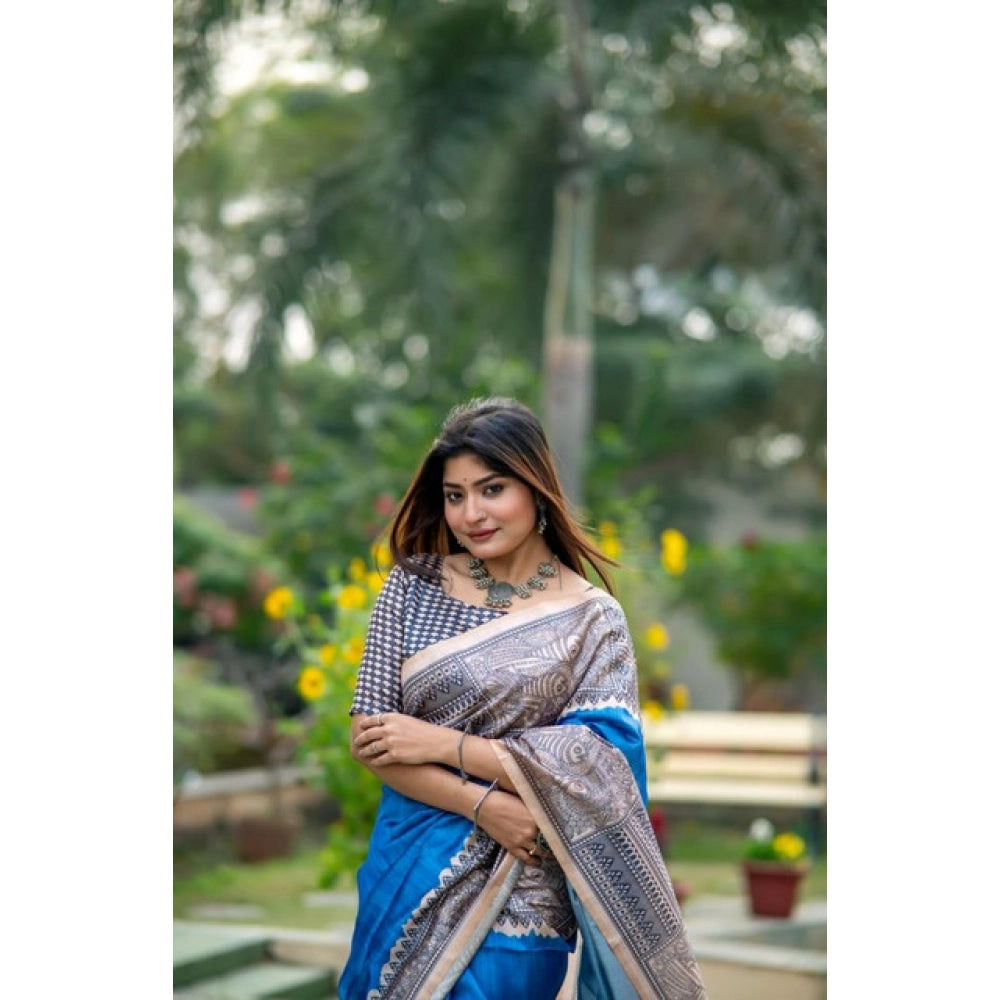 Generic Women's Faux_Tussar Geometric_Print Saree With Unstitched Blouse 5.5Mtr (Royal_Blue)