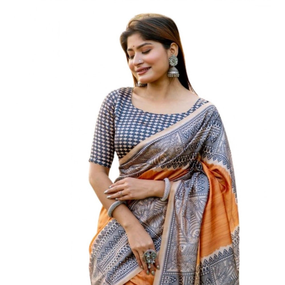 Generic Women's Faux_Tussar Geometric_Print Saree With Unstitched Blouse 5.5Mtr (Rust)
