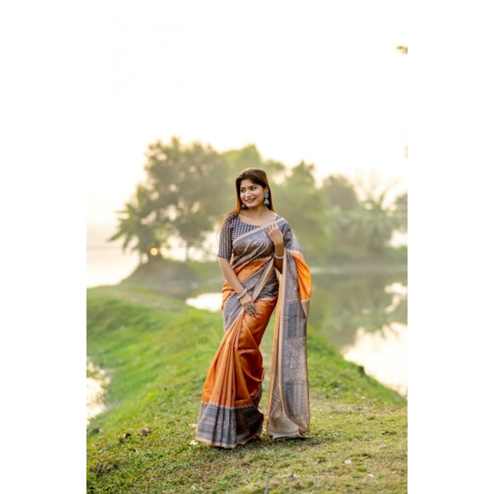Generic Women's Faux_Tussar Geometric_Print Saree With Unstitched Blouse 5.5Mtr (Rust)