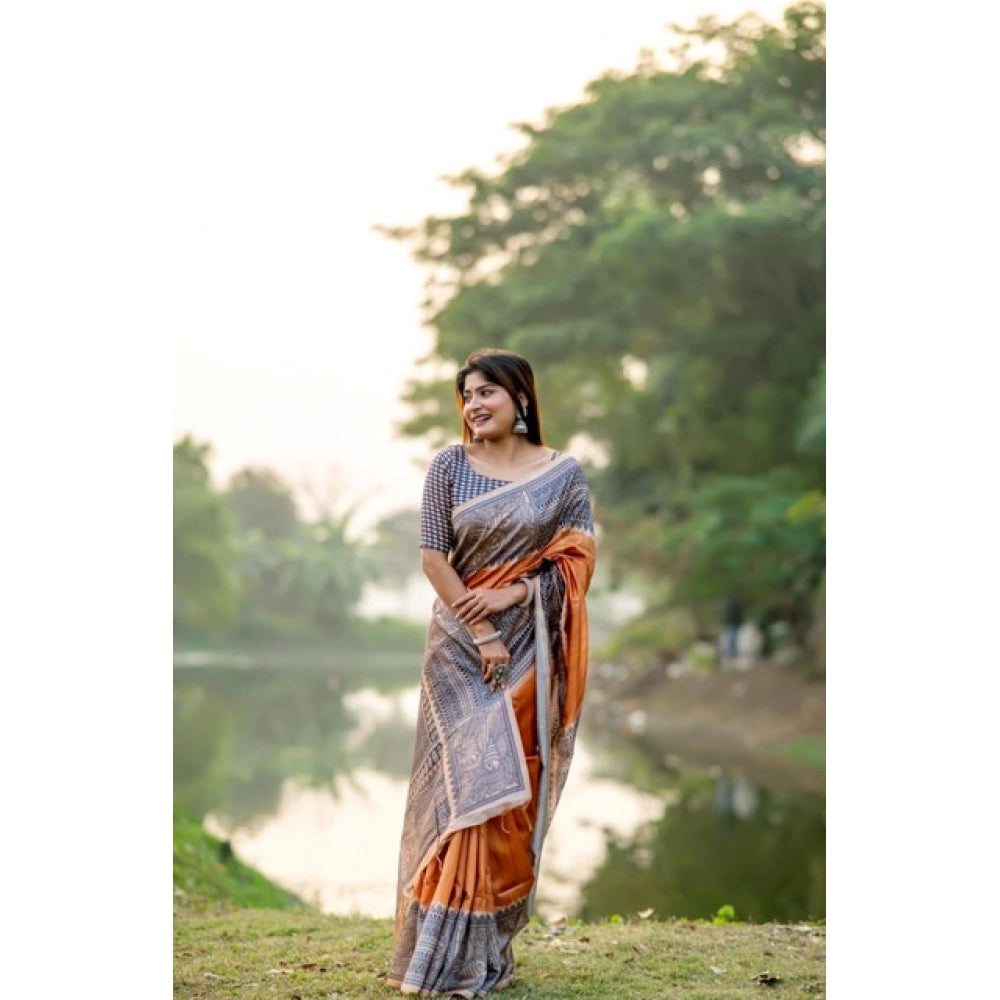 Generic Women's Faux_Tussar Geometric_Print Saree With Unstitched Blouse 5.5Mtr (Rust)