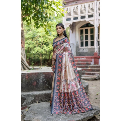 Generic Women's Faux_Tussar Floral Jal With Patola Print Saree With Unstitched Blouse 5.5Mtr (Black)
