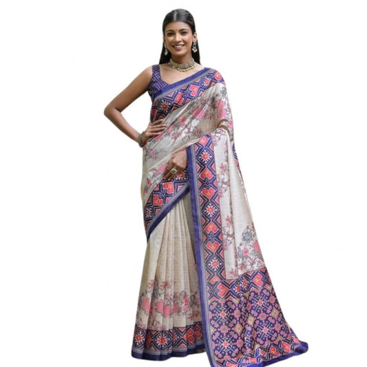 Generic Women's Faux_Tussar Floral Jal With Patola Print Saree With Unstitched Blouse 5.5Mtr (Blue)