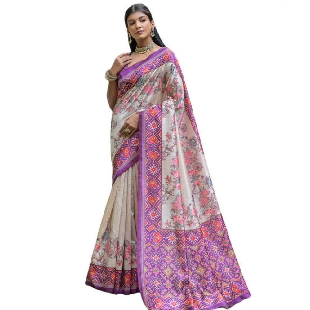 Generic Women's Faux_Tussar Floral Jal With Patola Print Saree With Unstitched Blouse 5.5Mtr (Lavender)