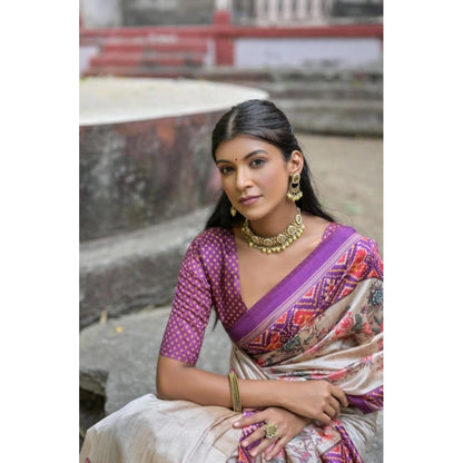 Generic Women's Faux_Tussar Floral Jal With Patola Print Saree With Unstitched Blouse 5.5Mtr (Lavender)