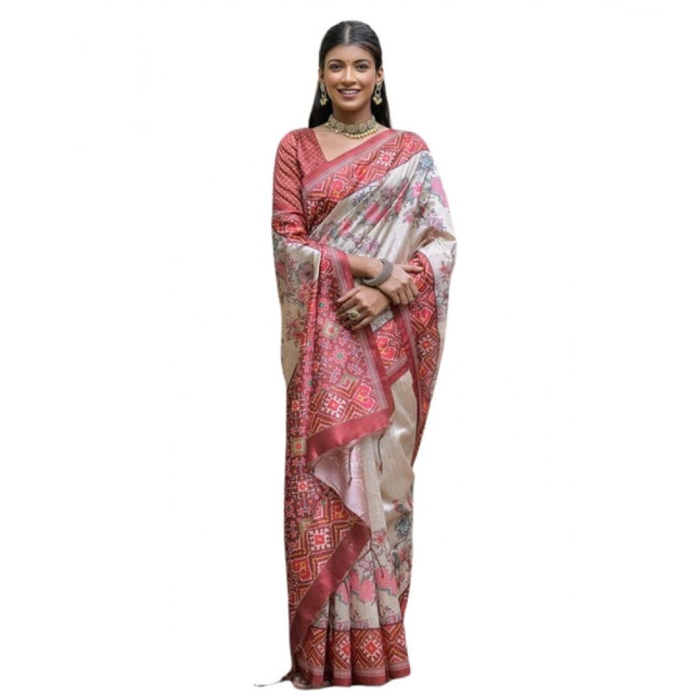 Generic Women's Faux_Tussar Floral Jal With Patola Print Saree With Unstitched Blouse 5.5Mtr (Maroon)