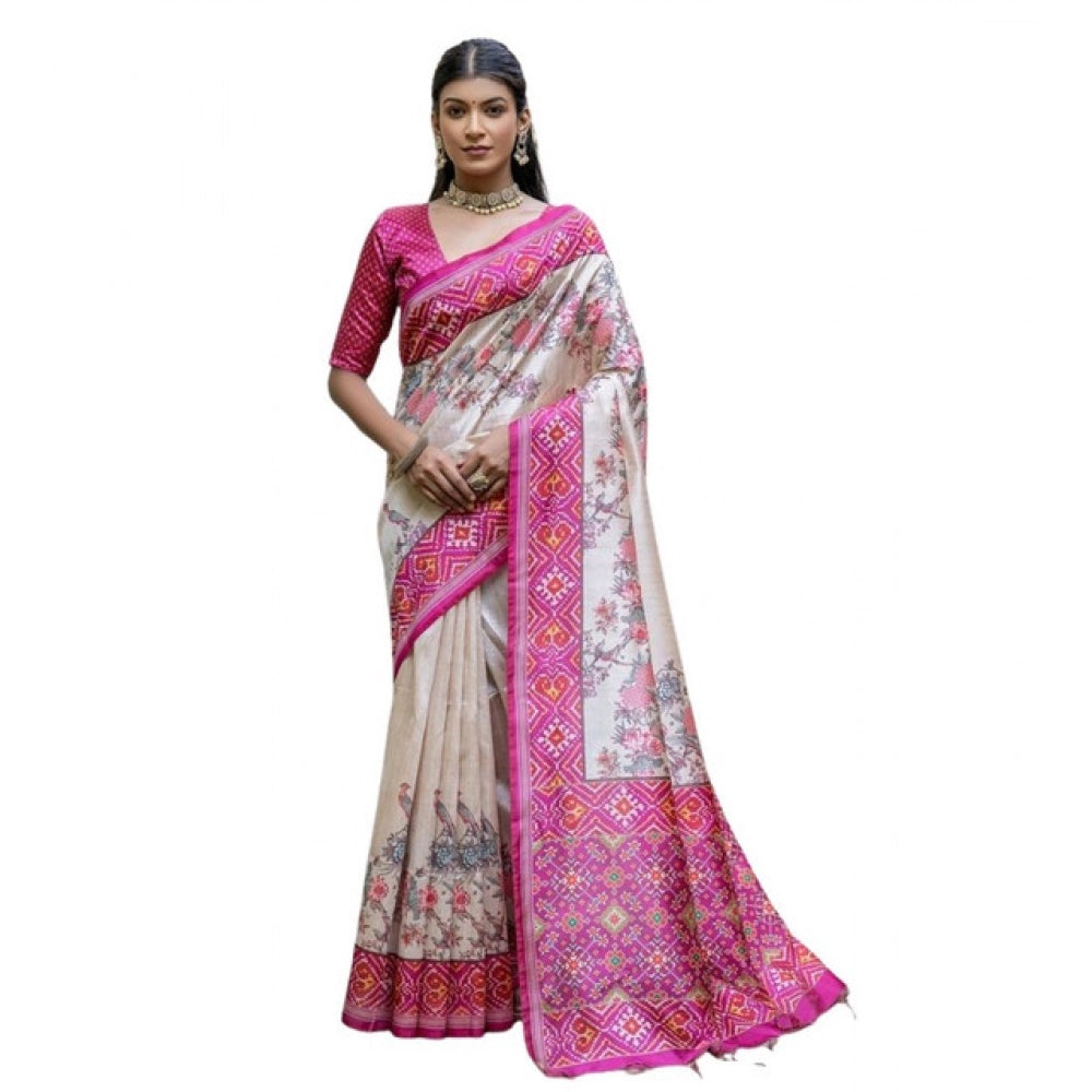 Generic Women's Faux_Tussar Floral Jal With Patola Print Saree With Unstitched Blouse 5.5Mtr (Pink)