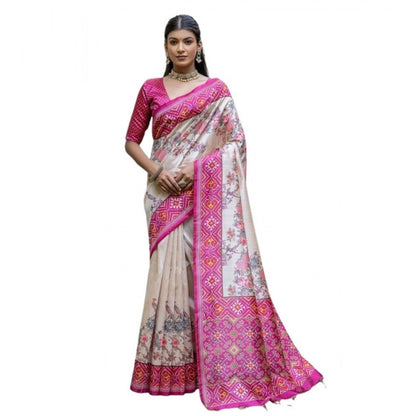 Generic Women's Faux_Tussar Floral Jal With Patola Print Saree With Unstitched Blouse 5.5Mtr (Pink)
