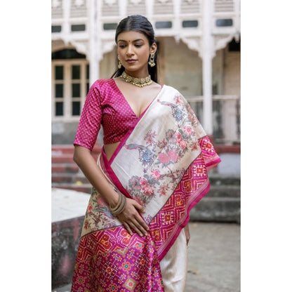 Generic Women's Faux_Tussar Floral Jal With Patola Print Saree With Unstitched Blouse 5.5Mtr (Pink)