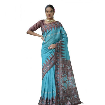 Generic Women's Faux_Tussar Ikat Saree With Unstitched Blouse 5.5Mtr (Aqua_Blue)