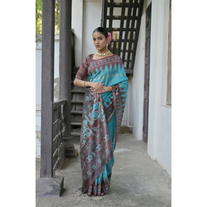 Generic Women's Faux_Tussar Ikat Saree With Unstitched Blouse 5.5Mtr (Aqua_Blue)
