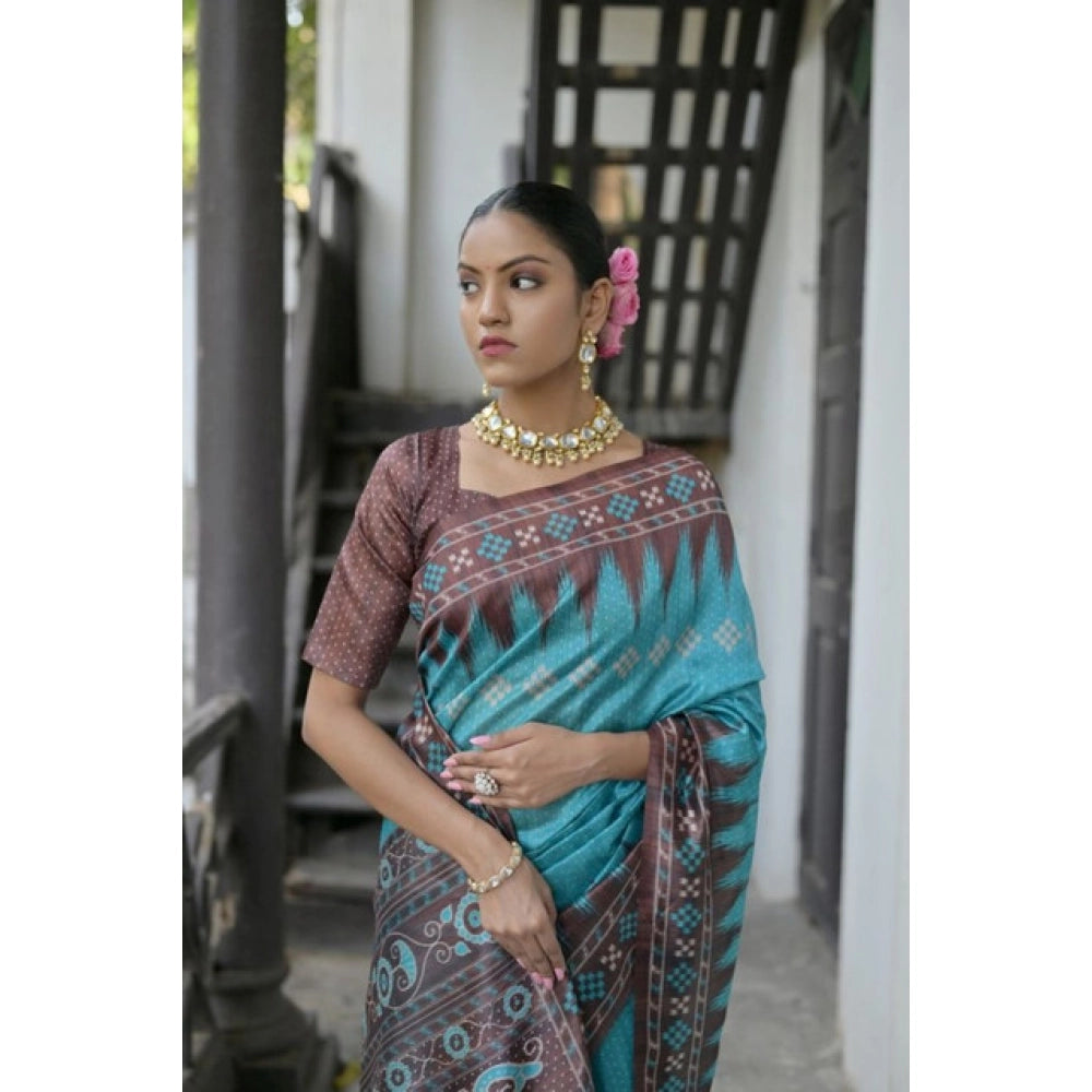 Generic Women's Faux_Tussar Ikat Saree With Unstitched Blouse 5.5Mtr (Aqua_Blue)