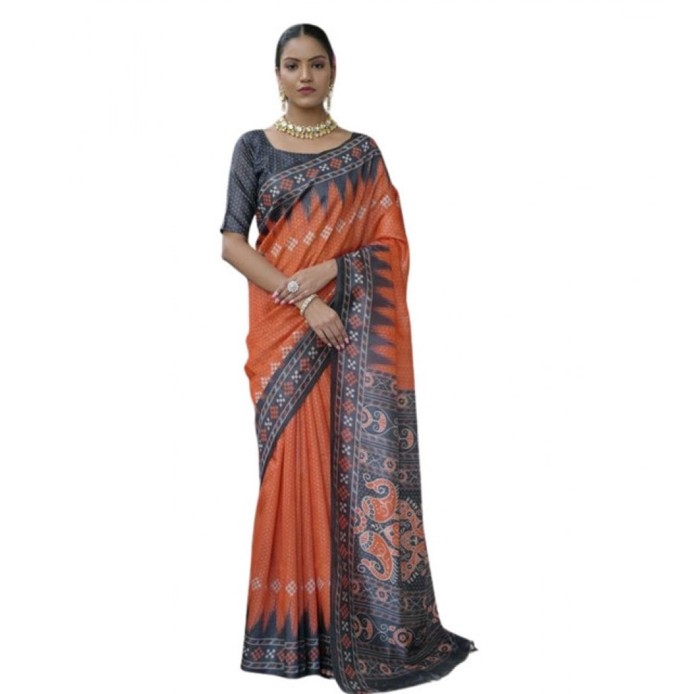 Generic Women's Faux_Tussar Ikat Saree With Unstitched Blouse 5.5Mtr (Orange)
