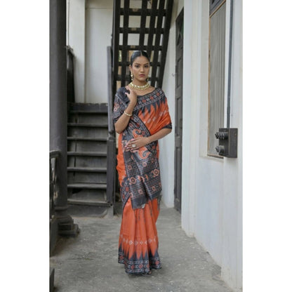 Generic Women's Faux_Tussar Ikat Saree With Unstitched Blouse 5.5Mtr (Orange)