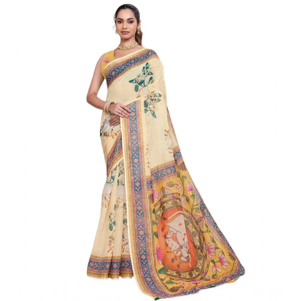Generic Women's Linen Floral Printed Saree With Unstitched Blouse 5.5Mtr (Beige)