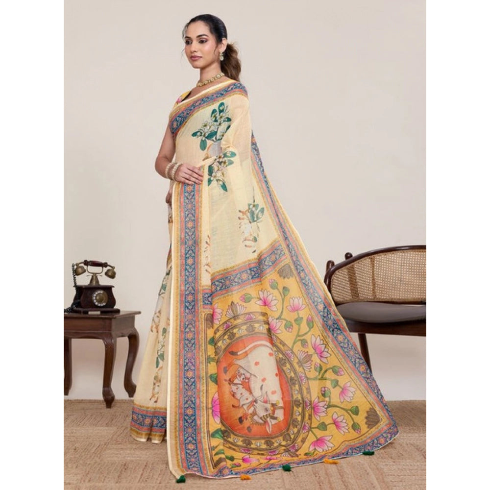 Generic Women's Linen Floral Printed Saree With Unstitched Blouse 5.5Mtr (Beige)