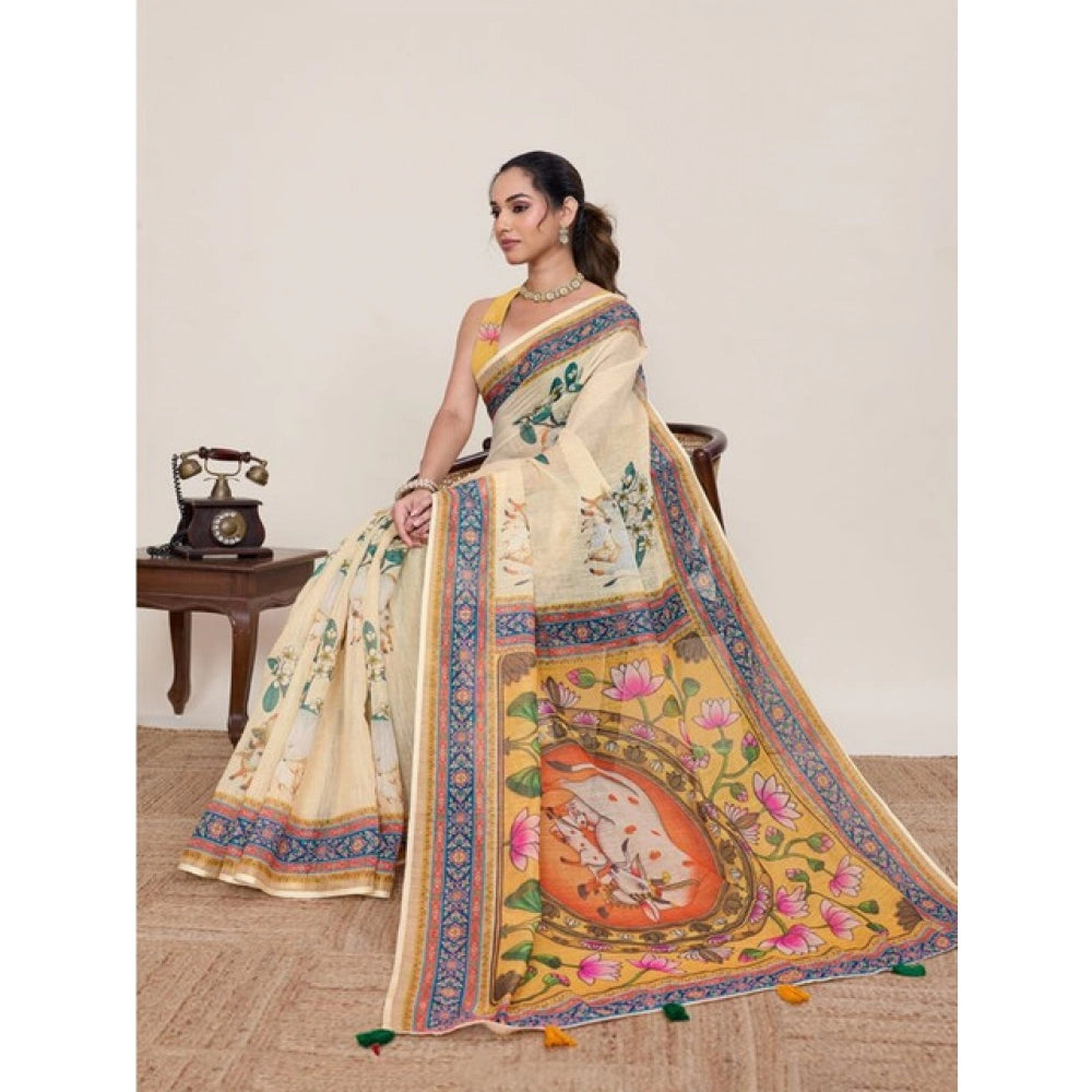 Generic Women's Linen Floral Printed Saree With Unstitched Blouse 5.5Mtr (Beige)