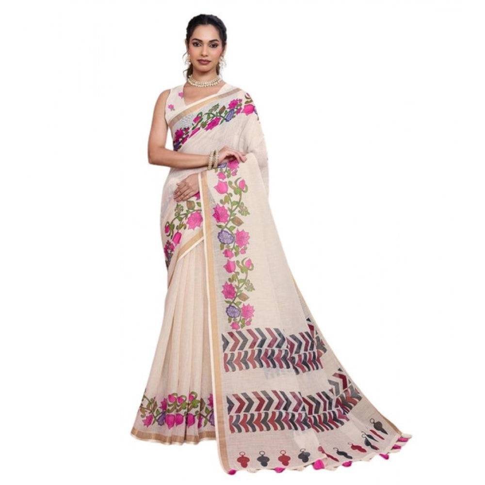 Generic Women's Linen Floral Printed Saree With Unstitched Blouse 5.5Mtr (Cream)