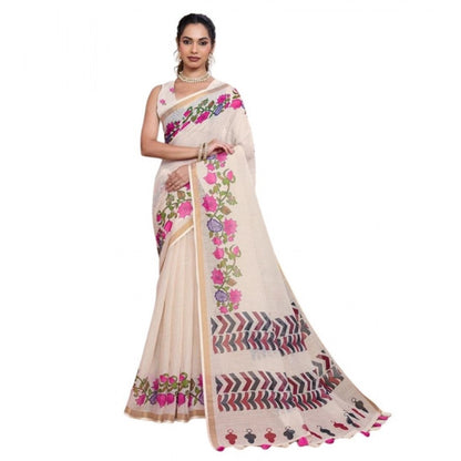 Generic Women's Linen Floral Printed Saree With Unstitched Blouse 5.5Mtr (Cream)