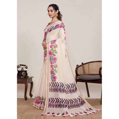 Generic Women's Linen Floral Printed Saree With Unstitched Blouse 5.5Mtr (Cream)