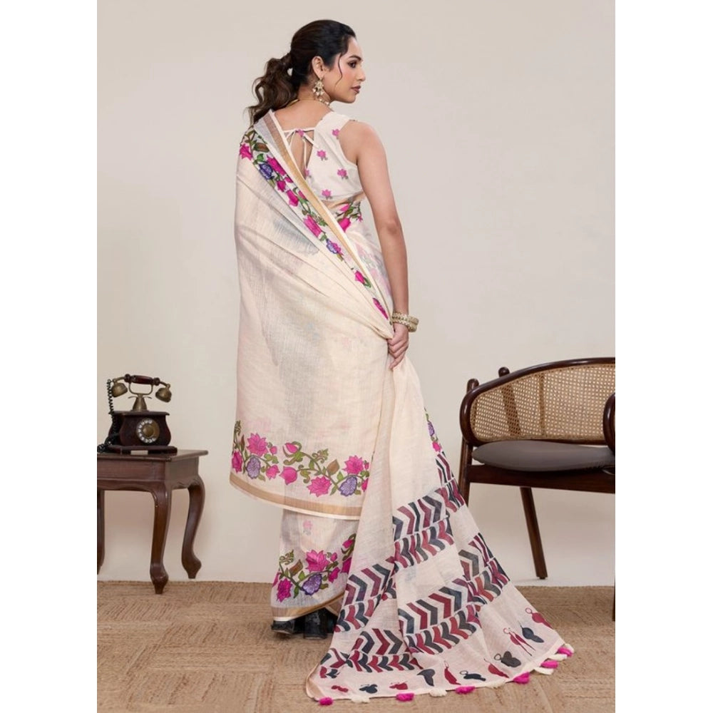 Generic Women's Linen Floral Printed Saree With Unstitched Blouse 5.5Mtr (Cream)