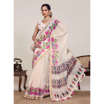 Generic Women's Linen Floral Printed Saree With Unstitched Blouse 5.5Mtr (Cream)