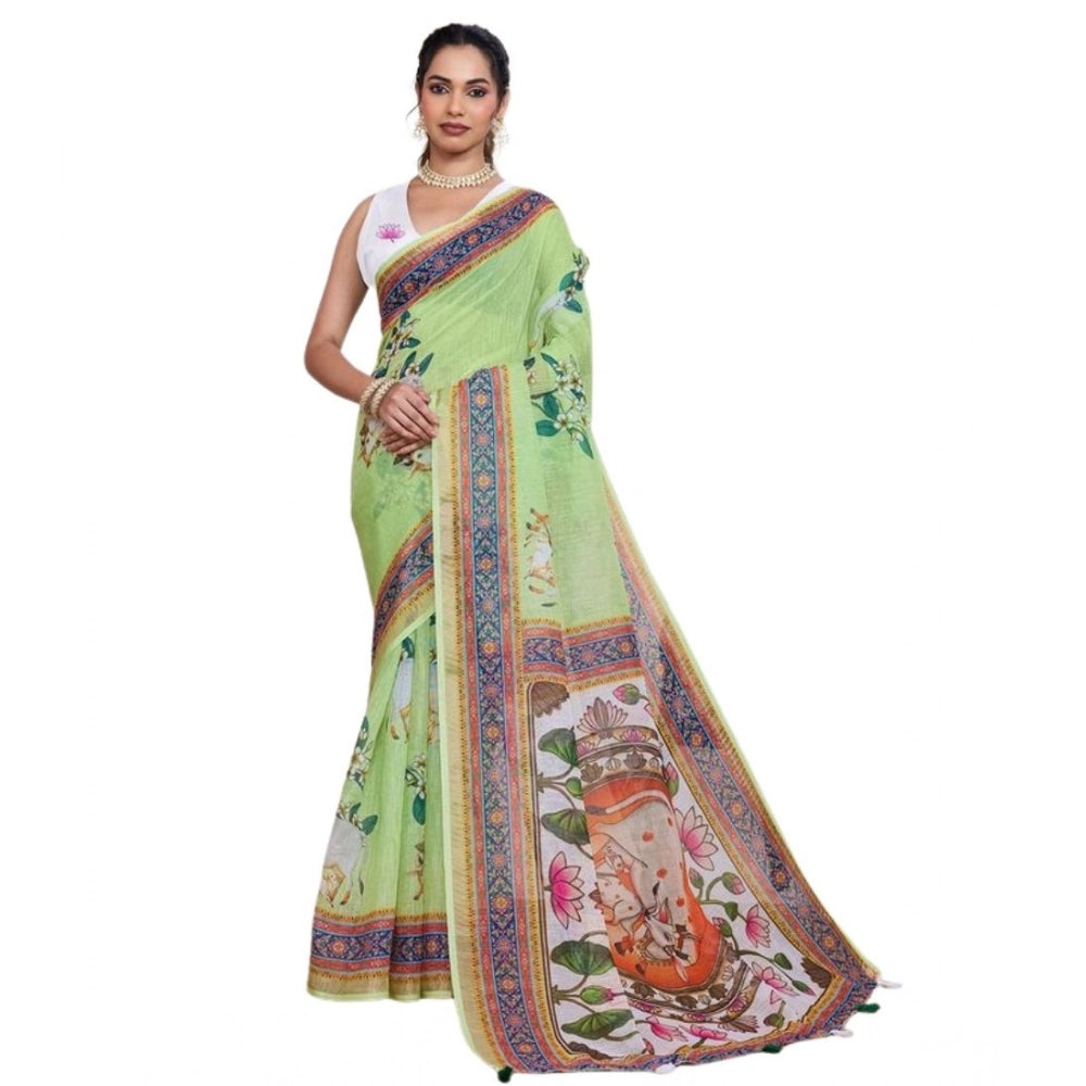 Generic Women's Linen Floral Printed Saree With Unstitched Blouse 5.5Mtr (Light Green)