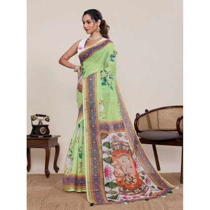 Generic Women's Linen Floral Printed Saree With Unstitched Blouse 5.5Mtr (Light Green)
