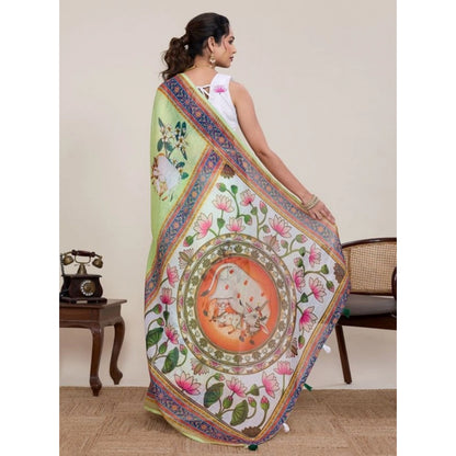 Generic Women's Linen Floral Printed Saree With Unstitched Blouse 5.5Mtr (Light Green)