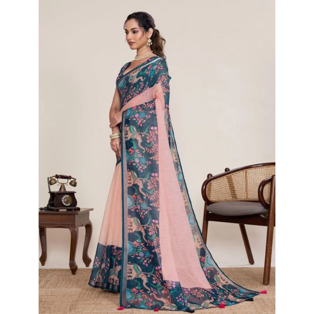 Generic Women's Linen Floral Printed Saree With Unstitched Blouse 5.5Mtr (Peach Pink)
