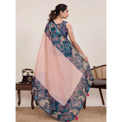 Generic Women's Linen Floral Printed Saree With Unstitched Blouse 5.5Mtr (Peach Pink)