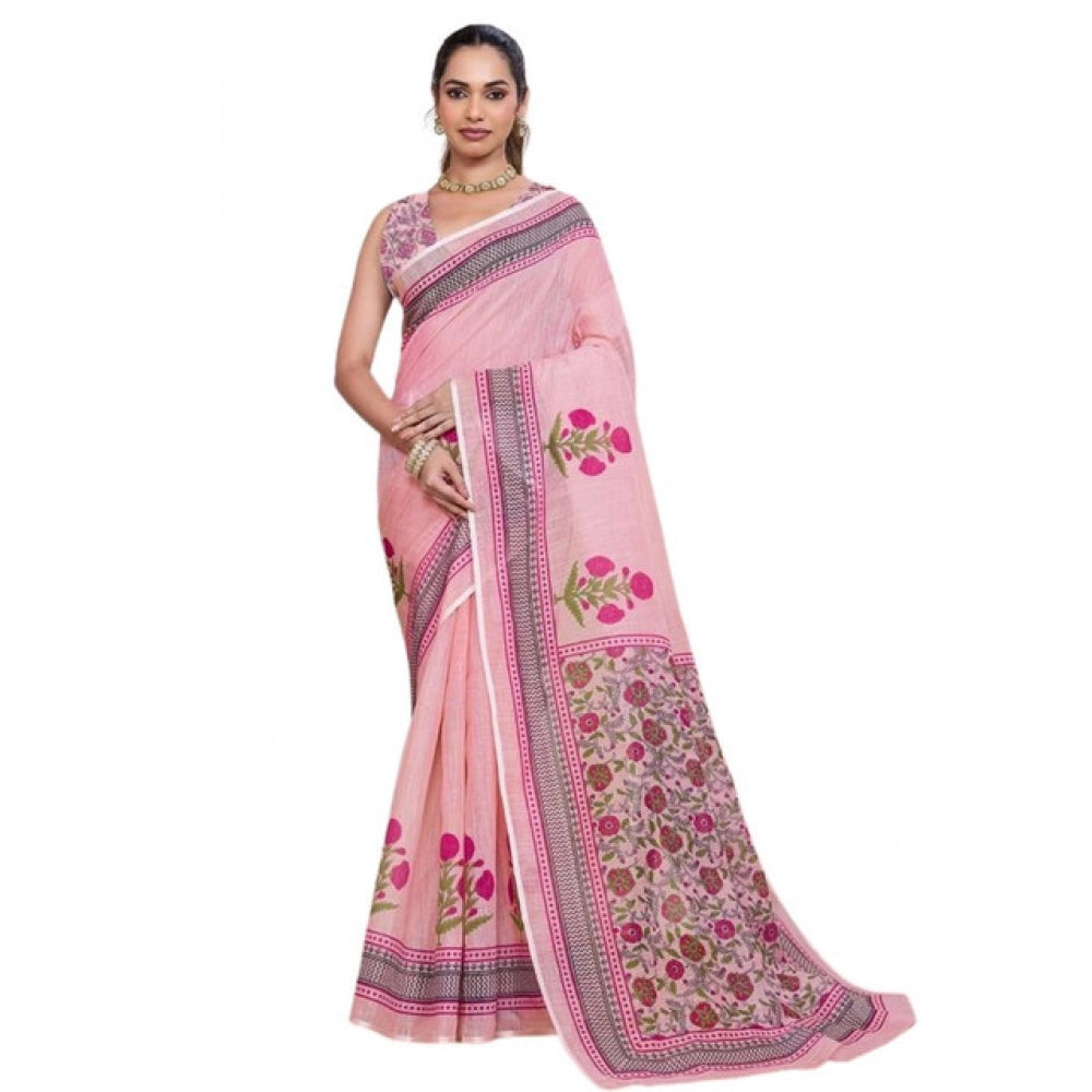 Generic Women's Linen Floral Printed Saree With Unstitched Blouse 5.5Mtr (Pink)