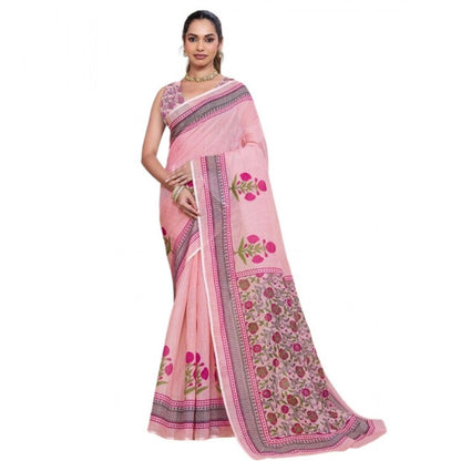 Generic Women's Linen Floral Printed Saree With Unstitched Blouse 5.5Mtr (Pink)