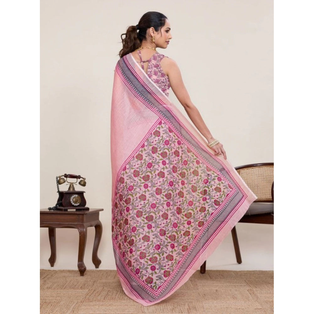 Generic Women's Linen Floral Printed Saree With Unstitched Blouse 5.5Mtr (Pink)