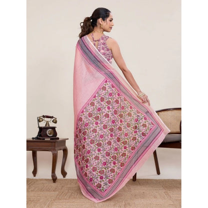 Generic Women's Linen Floral Printed Saree With Unstitched Blouse 5.5Mtr (Pink)