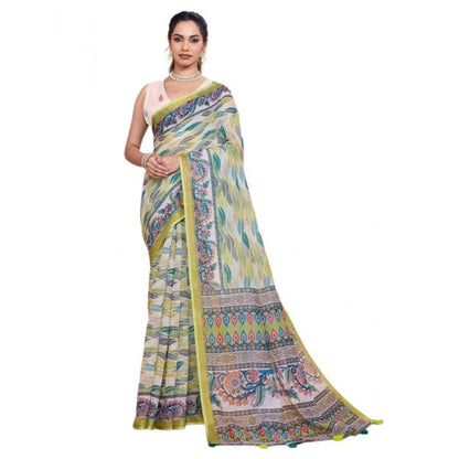 Generic Women's Linen Floral Printed Saree With Unstitched Blouse 5.5Mtr (Pista Green)