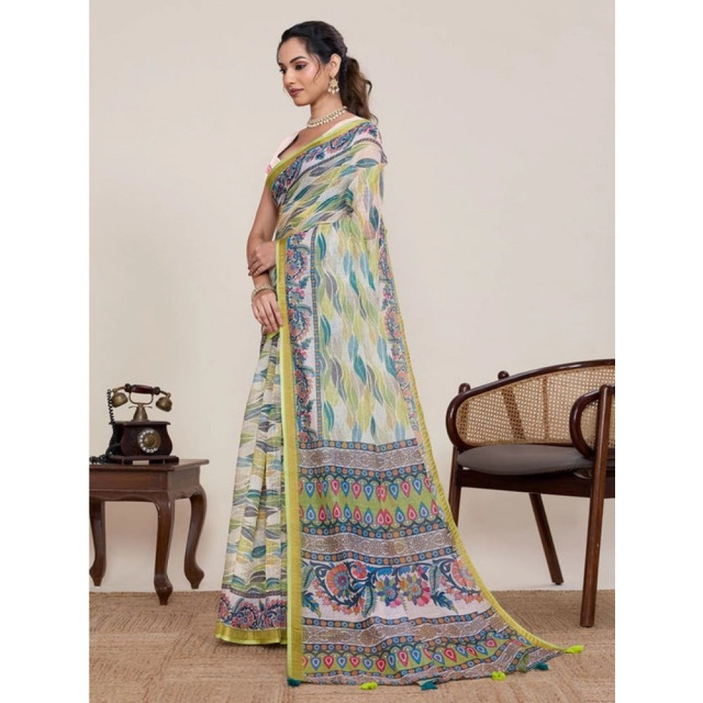 Generic Women's Linen Floral Printed Saree With Unstitched Blouse 5.5Mtr (Pista Green)