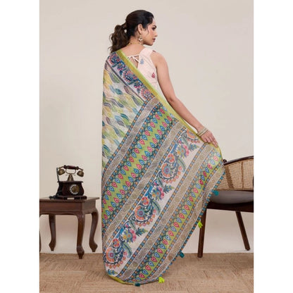 Generic Women's Linen Floral Printed Saree With Unstitched Blouse 5.5Mtr (Pista Green)