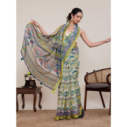 Generic Women's Linen Floral Printed Saree With Unstitched Blouse 5.5Mtr (Pista Green)
