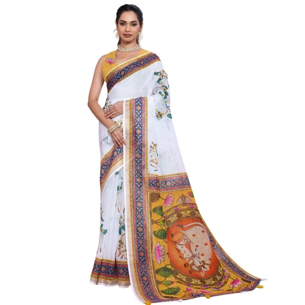 Generic Women's Linen Floral Printed Saree With Unstitched Blouse 5.5Mtr (White)