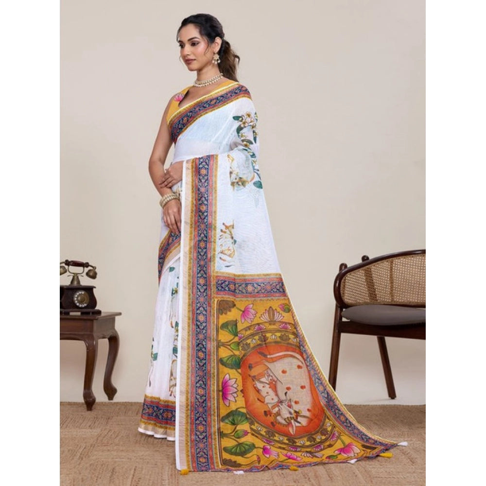 Generic Women's Linen Floral Printed Saree With Unstitched Blouse 5.5Mtr (White)